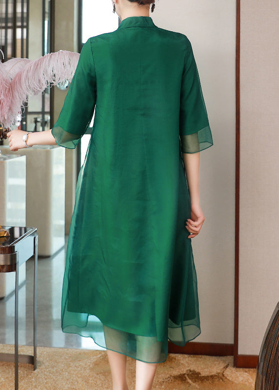 Elegant Green Stand Collar Embroideried Floral Button Tulle Long Dresses Half Sleeve