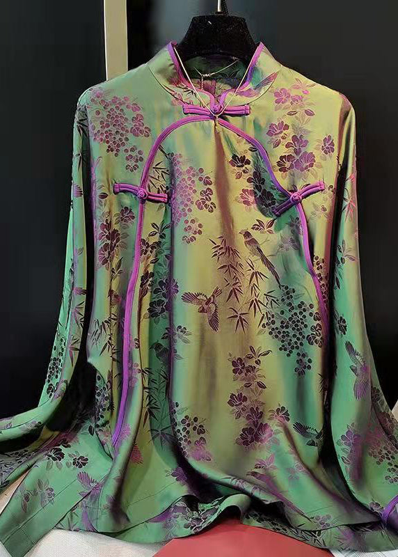 Elegant Green-Print2 Stand Collar Patchwork Jacquard side open Silk Shirts Long Sleeved