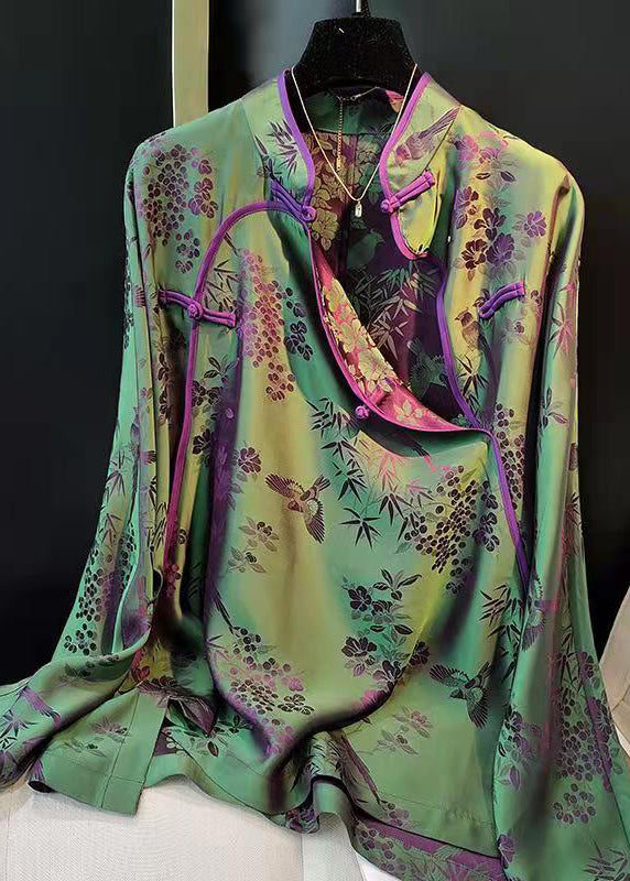 Elegant Green-Print5 Stand Collar Patchwork Jacquard side open Silk Shirts Long Sleeved