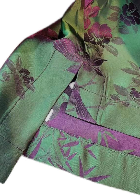 Elegant Green-Print4 Stand Collar Patchwork Jacquard side open Silk Shirts Long Sleeved