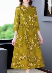 Elegant Green Stand Collar Print Silk Cheongsam Dress Bracelet Sleeve