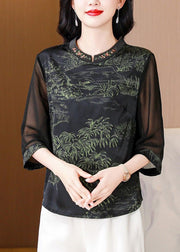Elegant Green Stand Collar Print Silk Top Half Sleeve