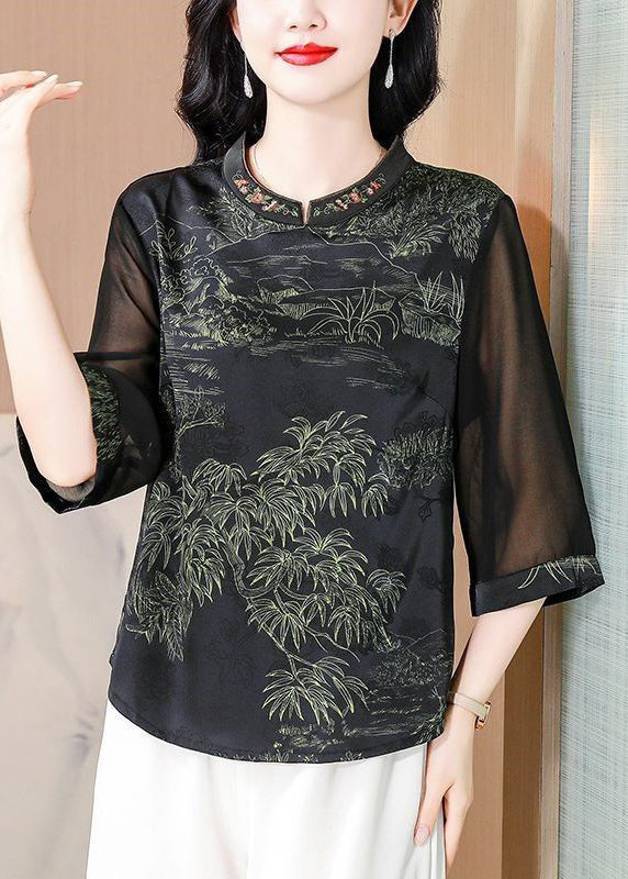 Elegant Green Stand Collar Print Silk Top Half Sleeve