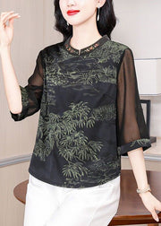 Elegant Green Stand Collar Print Silk Top Half Sleeve