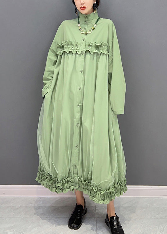 Elegant Green Stand Collar Ruffled Tulle Patchwork Button Maxi Dress Winter