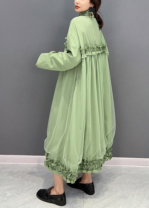 Elegant Green Stand Collar Ruffled Tulle Patchwork Button Maxi Dress Winter