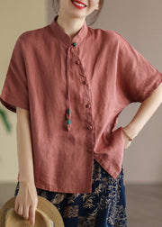 Elegant Green Stand Collar Tassel Asymmetrical Design Linen Shirts Short Sleeve