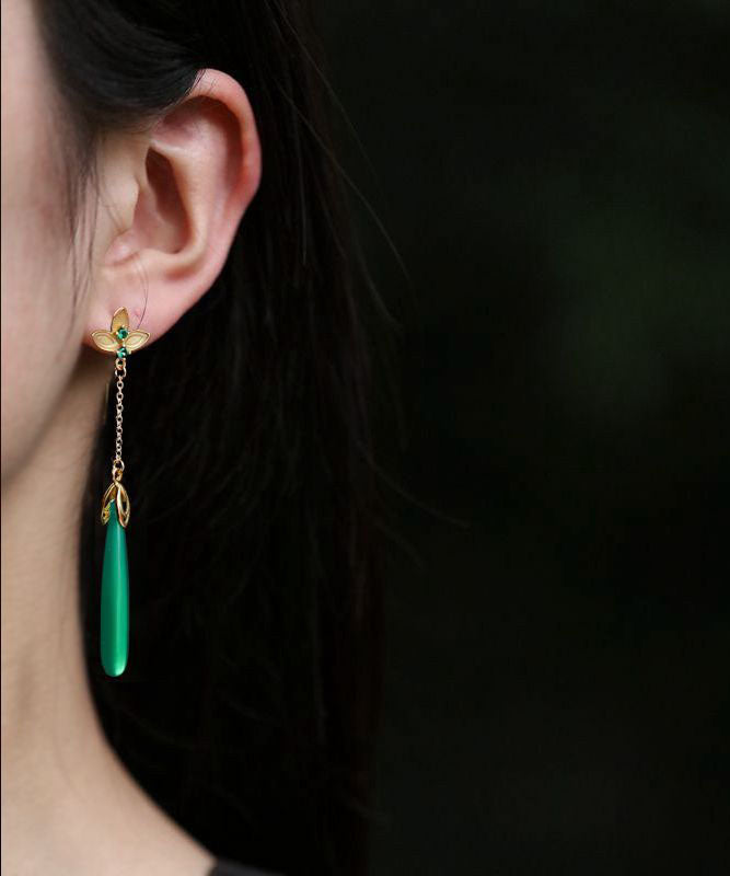 Elegant Green Sterling Silver Green Agate Water Drop Tassel Drop Earrings