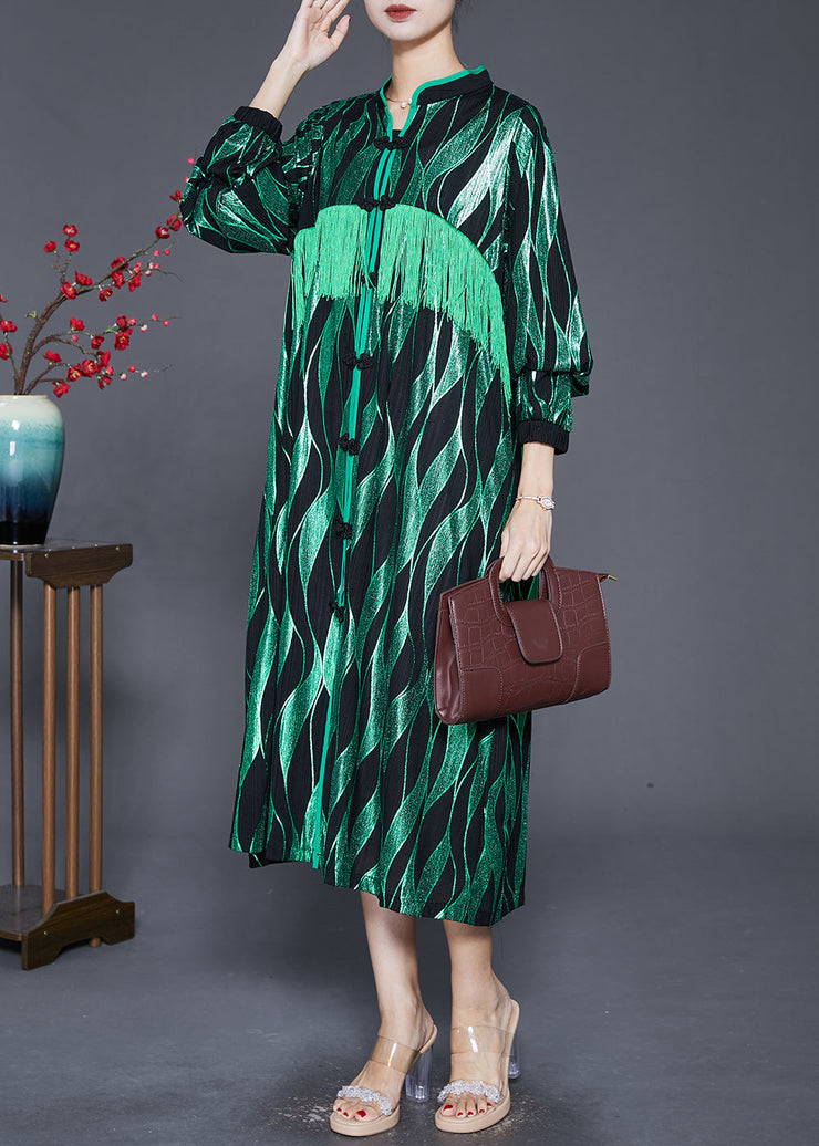 Elegant Green Striped Tasseled Chinese Button Silk Maxi Dresses Fall