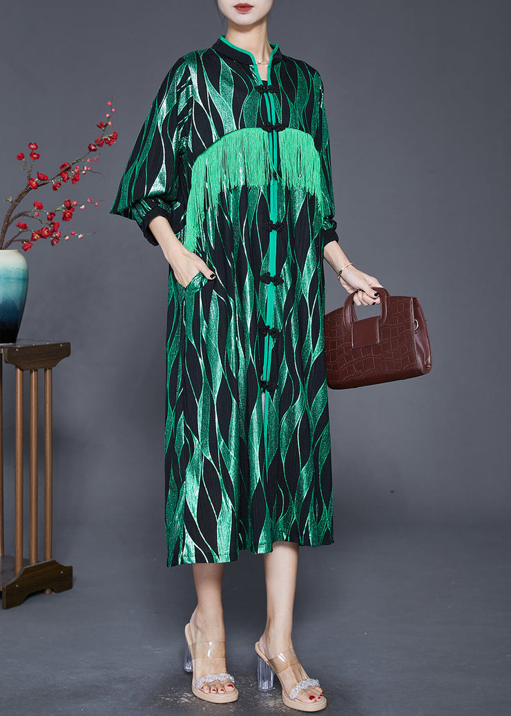 Elegant Green Striped Tasseled Chinese Button Silk Maxi Dresses Fall