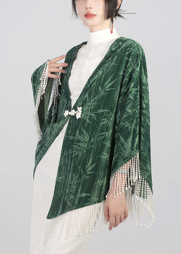 Elegant Green Tasseled Chinese Button Cotton Cape Coats Spring