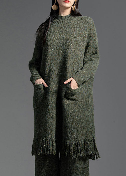 Elegant Green Tasseled Patchwork Wool Knitting Dress Winter