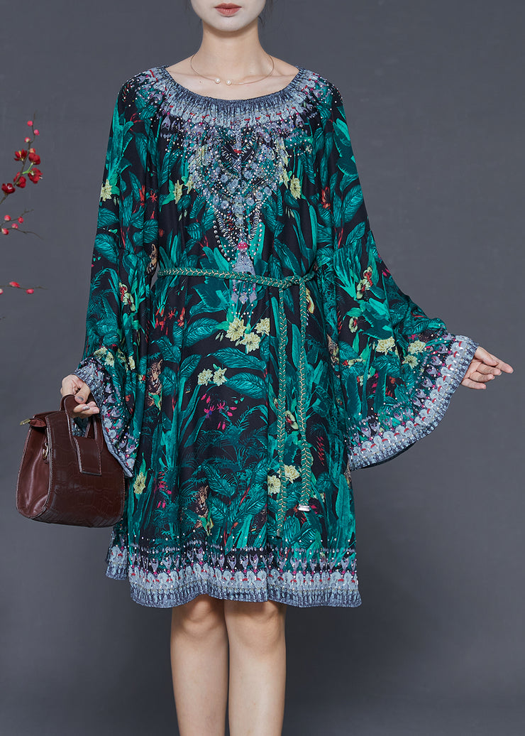 Elegant Green Tie Waist Print Chiffon Work Dress Flare Sleeve