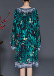 Elegant Green Tie Waist Print Chiffon Work Dress Flare Sleeve