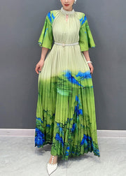 Elegant Green Turtleneck Print Tie Waist Maxi Dress Half Sleeve