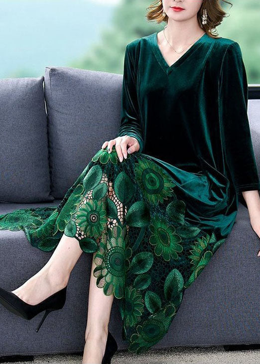 Elegant Green V Neck Embroidered Patchwork Silk Velour Dresses Spring