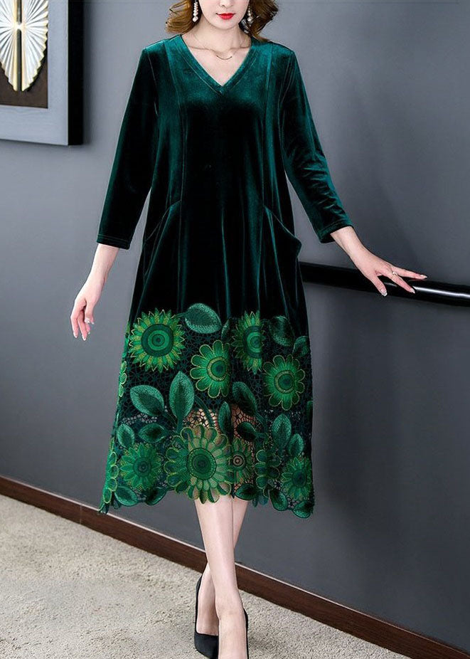 Elegant Green V Neck Embroidered Patchwork Silk Velour Dresses Spring