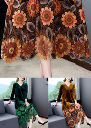 Elegant Green V Neck Embroidered Patchwork Silk Velour Dresses Spring