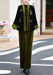 Elegant Green V Neck Embroidered Silk Velour Coats And Pants Two Piece Set Fall