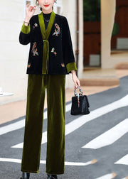 Elegant Green V Neck Embroidered Silk Velour Coats And Pants Two Piece Set Fall