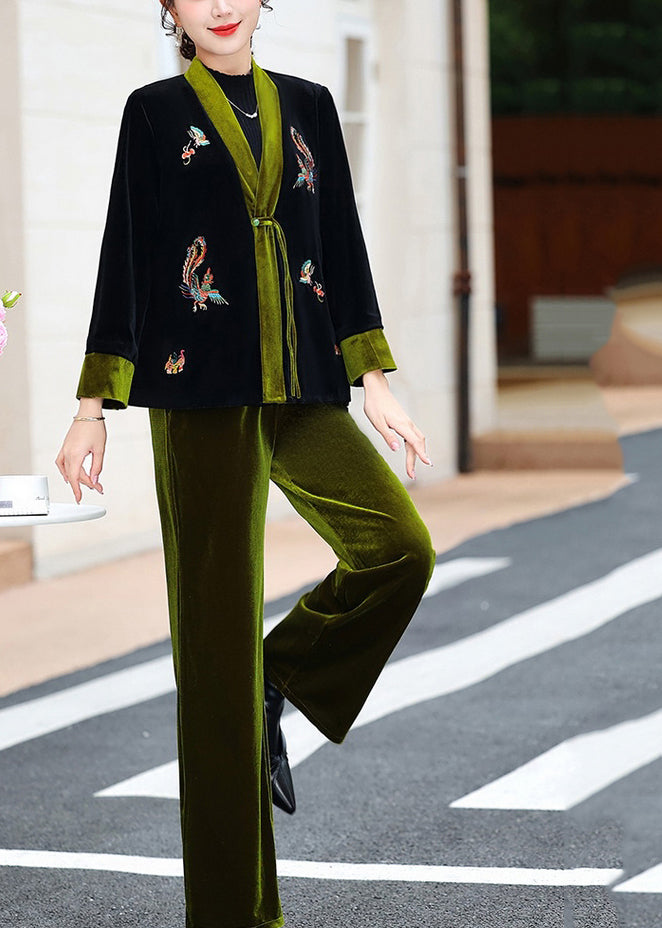 Elegant Green V Neck Embroidered Silk Velour Coats And Pants Two Piece Set Fall