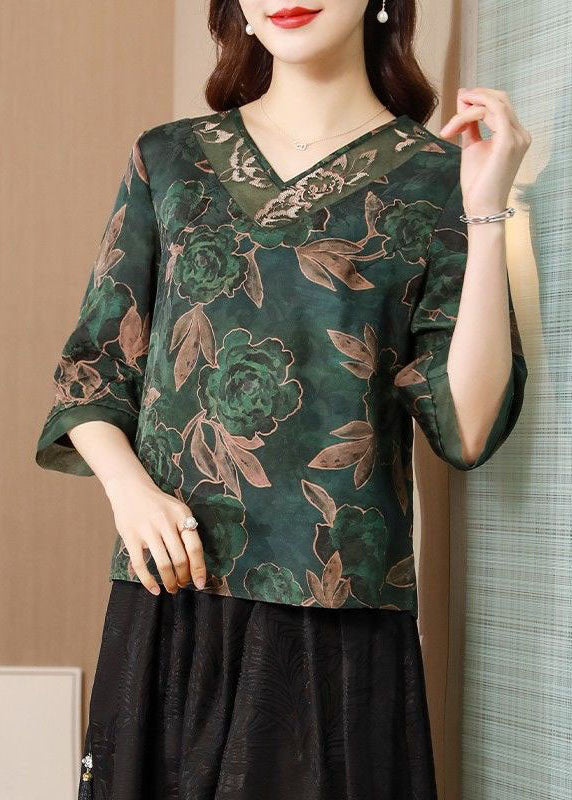 Elegant Green V Neck Jacquard Original Design Silk Two Pieces Set Summer