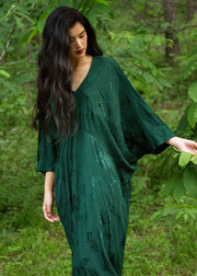 Elegant Green V Neck Jacquard Silk Robe Dresses Batwing Sleeve