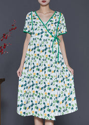 Elegant Green V Neck Print Cotton Dresses Summer