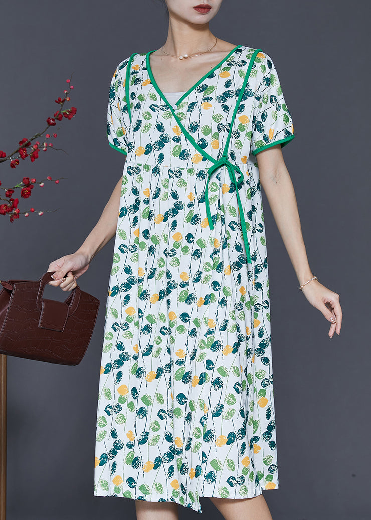 Elegant Green V Neck Print Cotton Dresses Summer