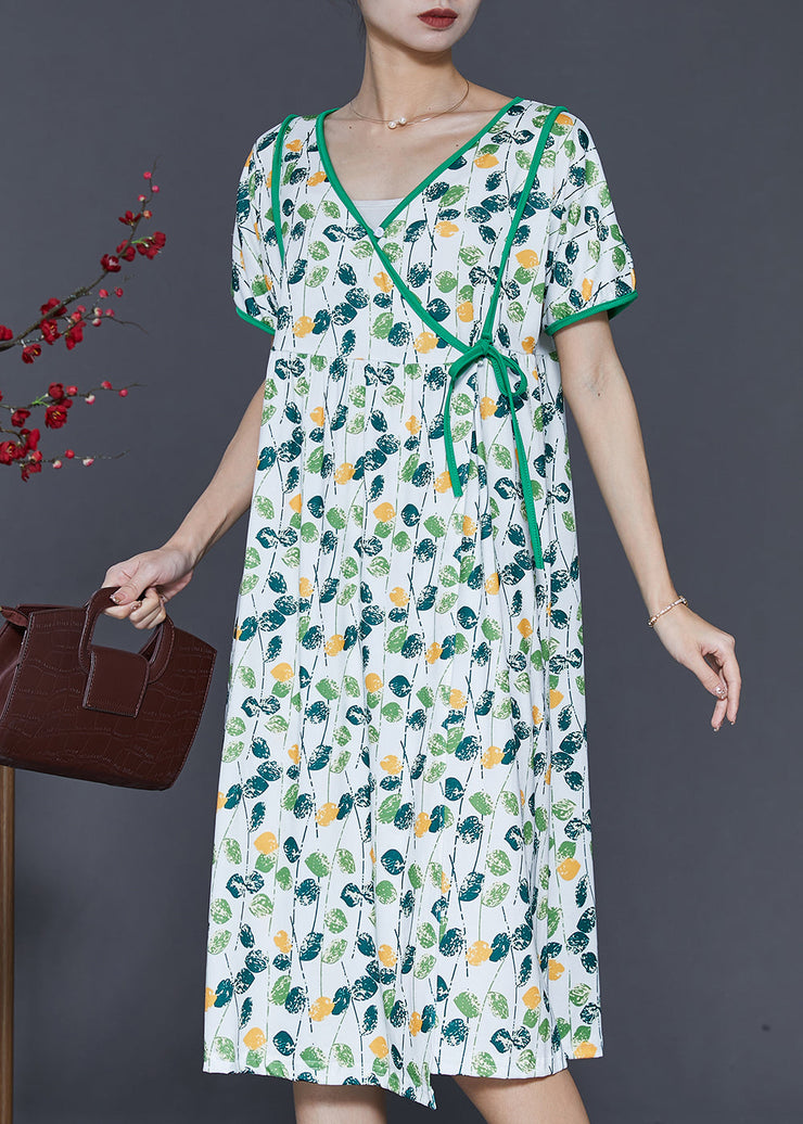 Elegant Green V Neck Print Cotton Dresses Summer