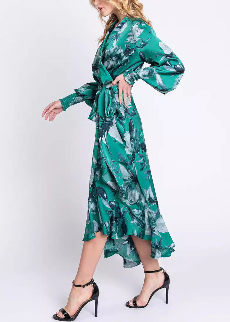 Elegant Green V Neck Print Lace Up Cotton Long Dresses Long Sleeve