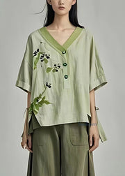 Elegant Green V Neck Print Low Digh Design Shirts Summer