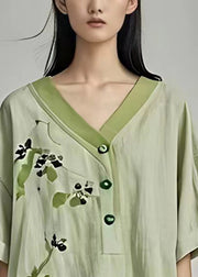 Elegant Green V Neck Print Low Digh Design Shirts Summer