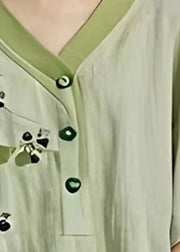 Elegant Green V Neck Print Low Digh Design Shirts Summer