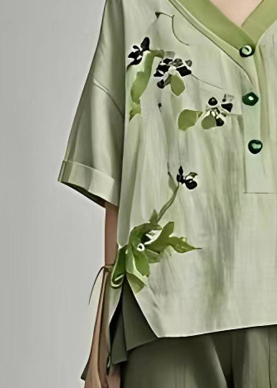 Elegant Green V Neck Print Low Digh Design Shirts Summer