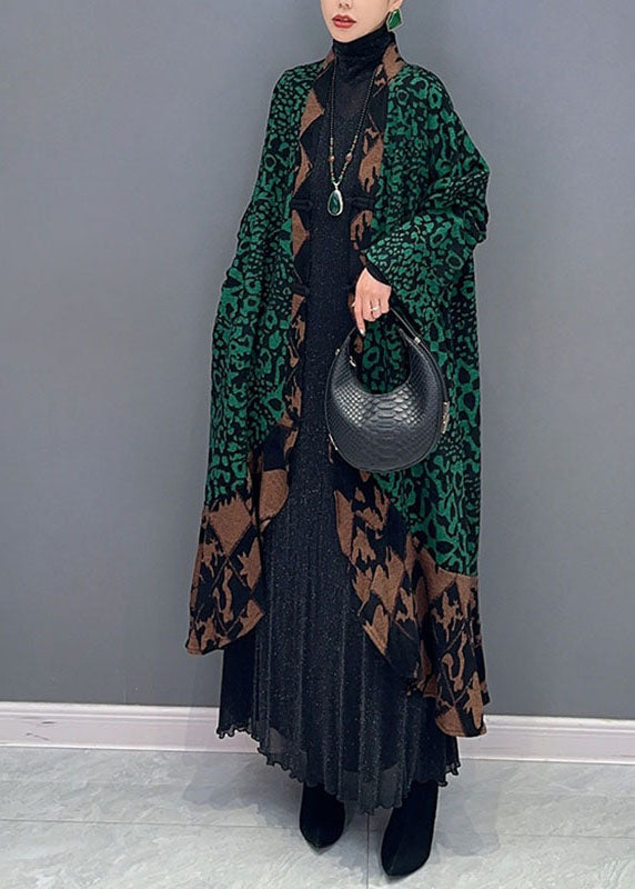 Elegant Green V Neck Print Patchwork Long Knit Cardigans Fall