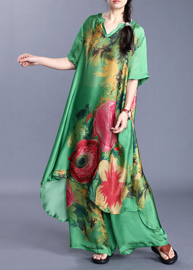 Elegant Green V Neck Print Silk Two-Piece Set Short Sleeve