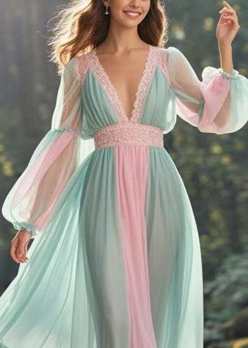 Elegant Green V Neck Ruffled Patchwork Chiffon Long Dress Spring