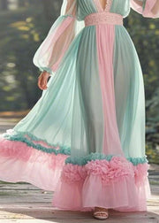 Elegant Green V Neck Ruffled Patchwork Chiffon Long Dress Spring