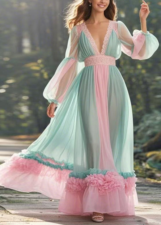 Elegant Green V Neck Ruffled Patchwork Chiffon Long Dress Spring