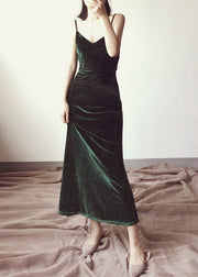 Elegant Green V Neck Velvet Spaghetti Strap Dress Fall