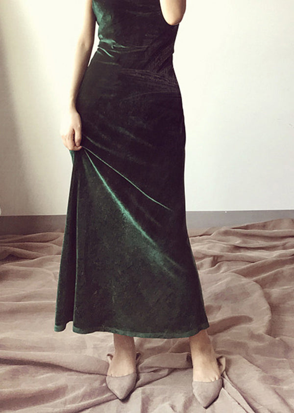 Elegant Green V Neck Velvet Spaghetti Strap Dress Spring