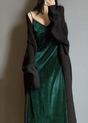 Elegant Green V Neck Velvet Spaghetti Strap Dress Spring