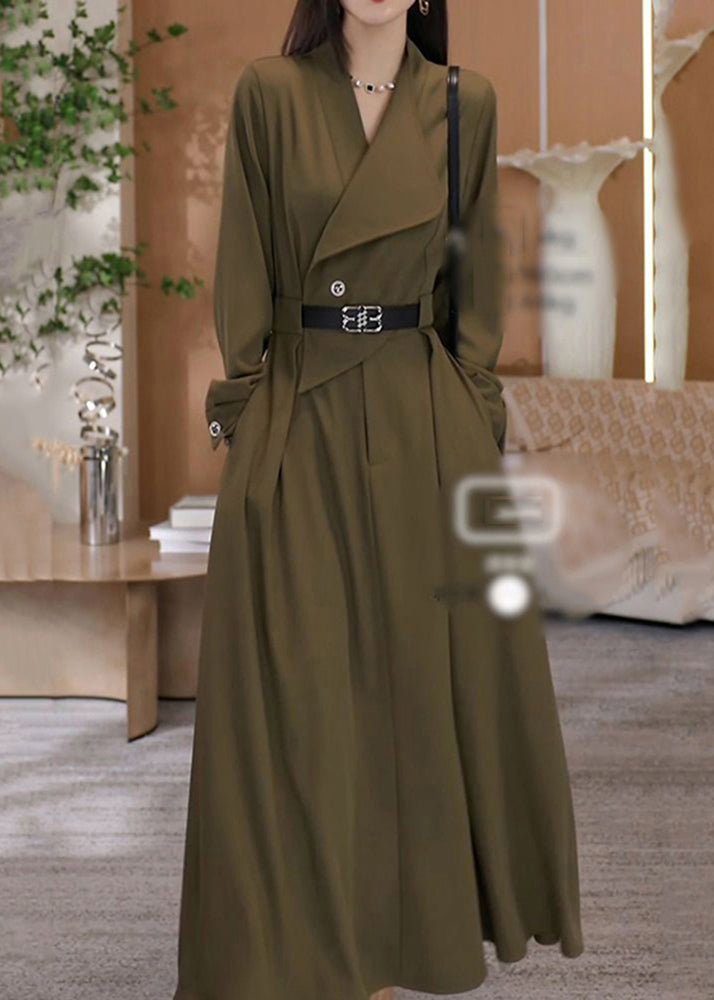 Elegant Green V Neck Waist Sashes Cotton Long Dresses Fall