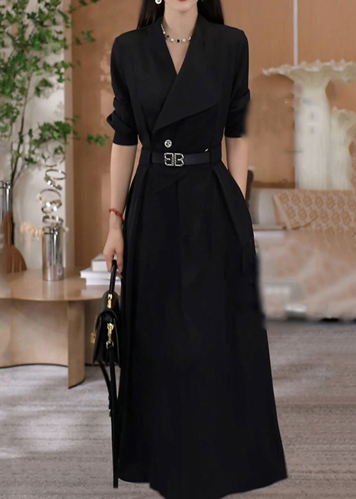 Elegant Green V Neck Waist Sashes Cotton Long Dresses Fall