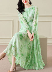 Elegant Green Wrinkled Print Chiffon Maxi Dress Long Sleeve