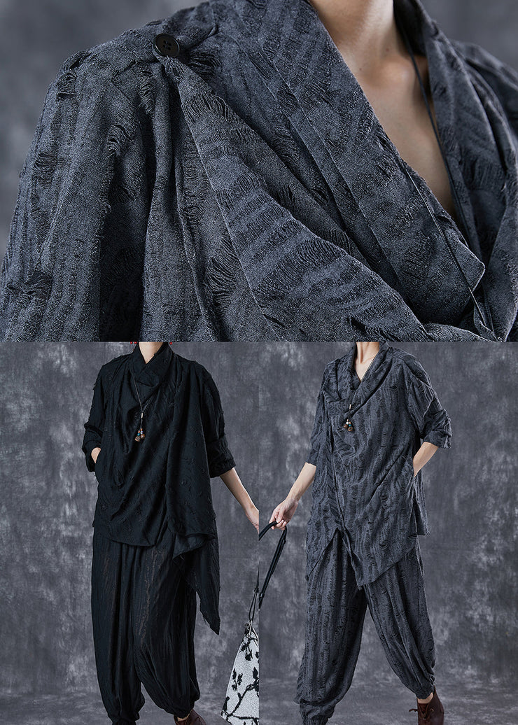 Elegant Grey Asymmetrical Cotton Ripped Two Pieces Set Fall