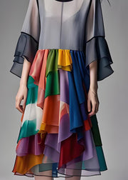 Elegant Grey Asymmetrical Design Wrinkled Patchwork Chiffon Dresses Summer