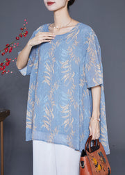 Elegant Grey Blue Oversized Print Chiffon Shirt Tops Summer