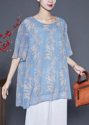 Elegant Grey Blue Oversized Print Chiffon Shirt Tops Summer